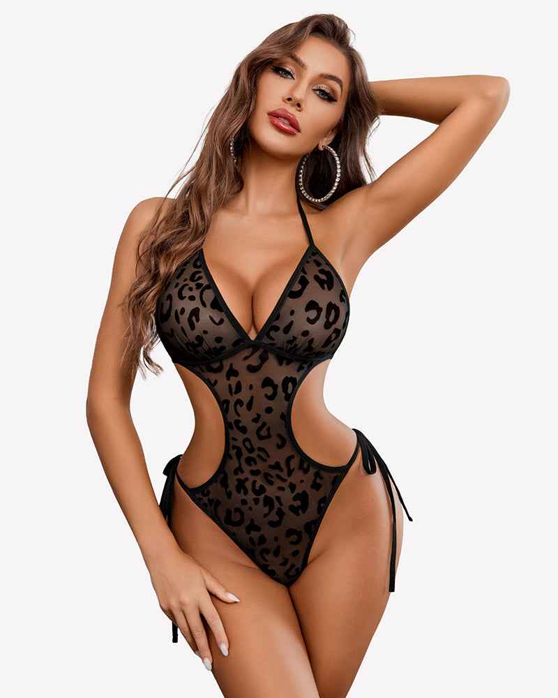 Deep V Teddy Lingerie Mesh Cut Out Bodysuit