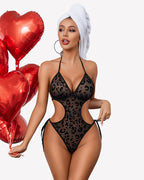 Deep V Teddy Lingerie Mesh Cut Out Bodysuit