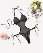 Deep V Teddy Lingerie Mesh Cut Out Bodysuit