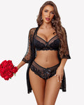 3 Piece Lace Kimono Robe with Bra and Panty Set
