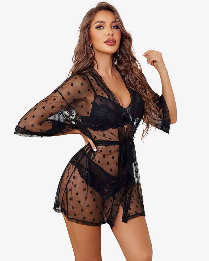 3 Piece Lace Kimono Robe with Bra and Panty Set