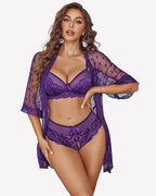3 Piece Lace Kimono Robe with Bra and Panty Set