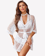 3 Piece Lace Kimono Robe with Bra and Panty Set