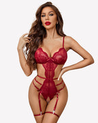 Deep V Teddy Lace Cut Out Garter Sets