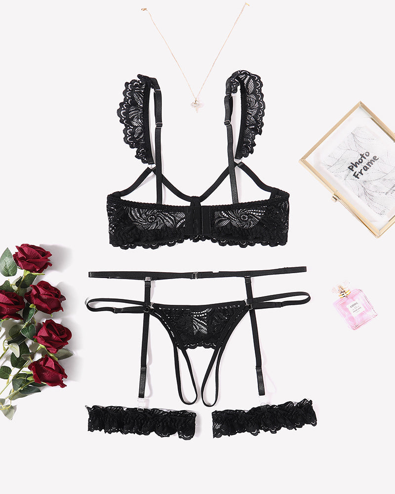 Floral Lace Bra and Panty Garter Sets