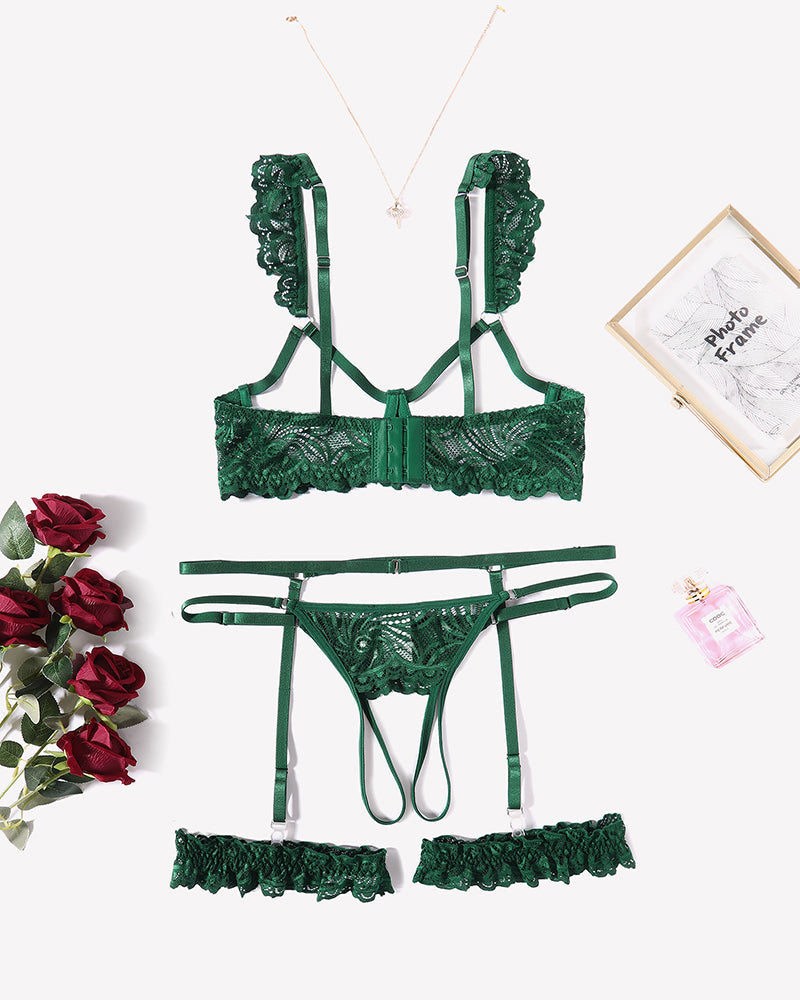 Floral Lace Bra and Panty Garter Sets