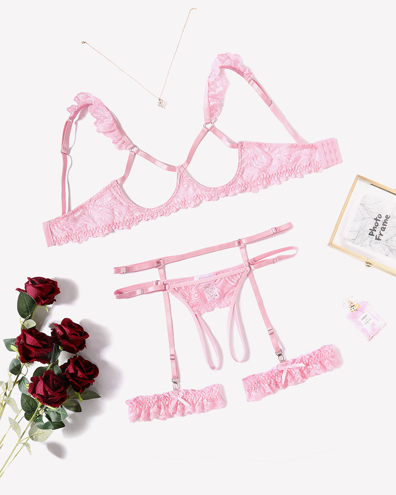 Floral Lace Bra and Panty Garter Sets