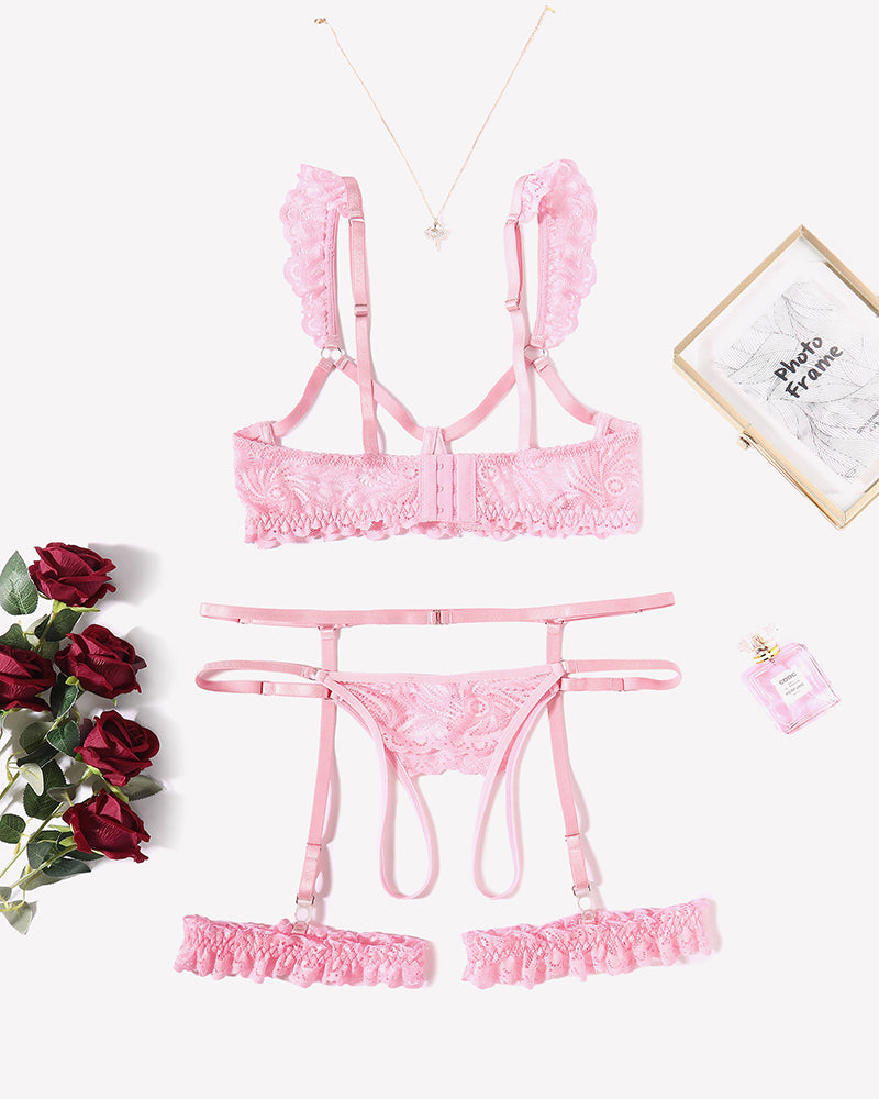 Floral Lace Bra and Panty Garter Sets