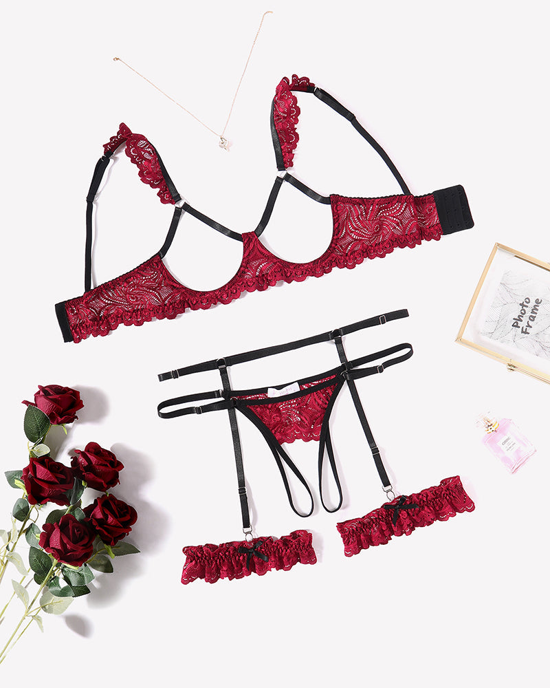 Floral Lace Bra and Panty Garter Sets