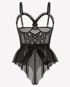Lace Ruffle Mesh Bodysuit with Satin Tie