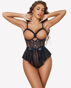 Lace Ruffle Mesh Bodysuit with Satin Tie