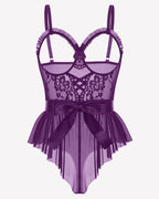 Lace Ruffle Mesh Bodysuit with Satin Tie