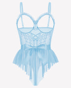 Lace Ruffle Mesh Bodysuit with Satin Tie