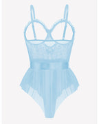 Lace Ruffle Mesh Bodysuit with Satin Tie