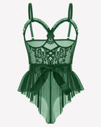 Lace Ruffle Mesh Bodysuit with Satin Tie