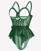 Lace Ruffle Mesh Bodysuit with Satin Tie