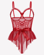 Lace Ruffle Mesh Bodysuit with Satin Tie