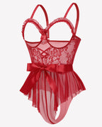 Lace Ruffle Mesh Bodysuit with Satin Tie
