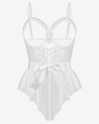 Lace Ruffle Mesh Bodysuit with Satin Tie