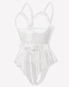 Lace Ruffle Mesh Bodysuit with Satin Tie