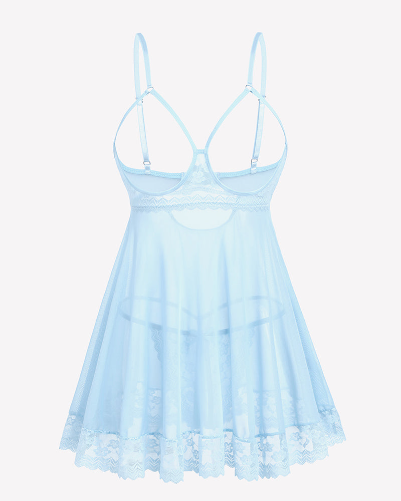 Cupless Lace Babydoll Crotchless Panty Set