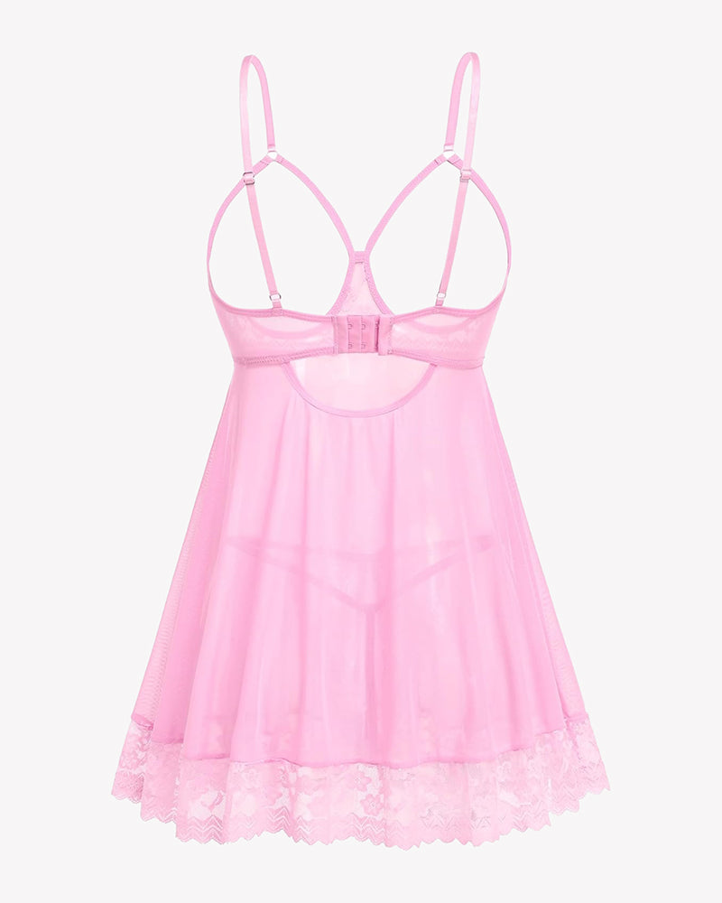 Cupless Lace Babydoll Crotchless Panty Set