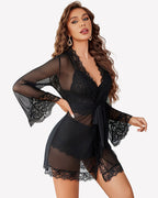 Lace Bralette and Panty Sets With Mesh Kimono Robe
