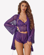 Lace Bralette and Panty Sets With Mesh Kimono Robe