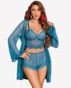Lace Bralette and Panty Sets With Mesh Kimono Robe