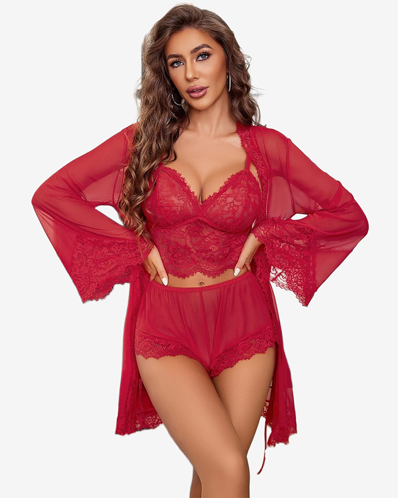 Lace Bralette and Panty Sets With Mesh Kimono Robe