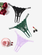 Floral Lace Briefs Rhinestones Strap Panties