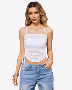 Side Drawstrings Mesh Sheer Tank Tops