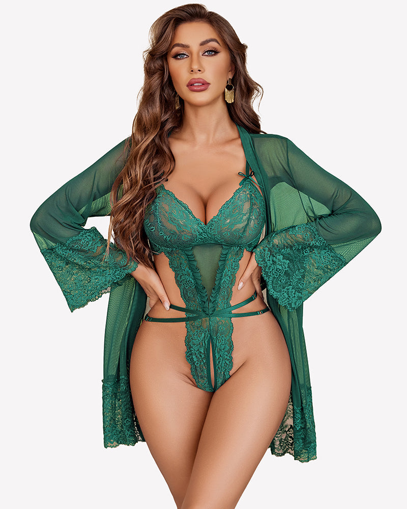 2 Piece Lace Teddy with Mesh Robe