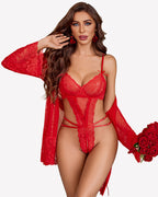2 Piece Lace Teddy with Mesh Robe