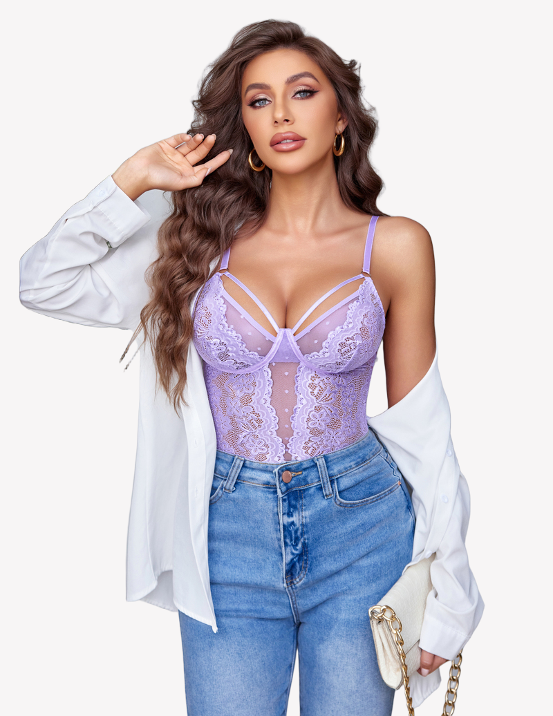 Floral Lace Bodysuit Ruffle Wireless Teddy
