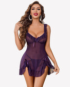 Bow Split Side Ruffle Mesh Dress with Thong