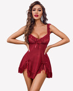 Bow Split Side Ruffle Mesh Dress with Thong