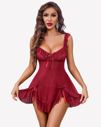 Bow Split Side Ruffle Mesh Dress with Thong