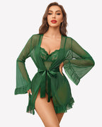 2 Piece Sheer Kimono Robe with Lace Teddy