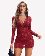 Lace Long Sleeve Lingerie Dress and Thong Set
