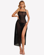 Floral Print Mesh Side Split Nightgown