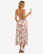 Floral Print Mesh Side Split Nightgown
