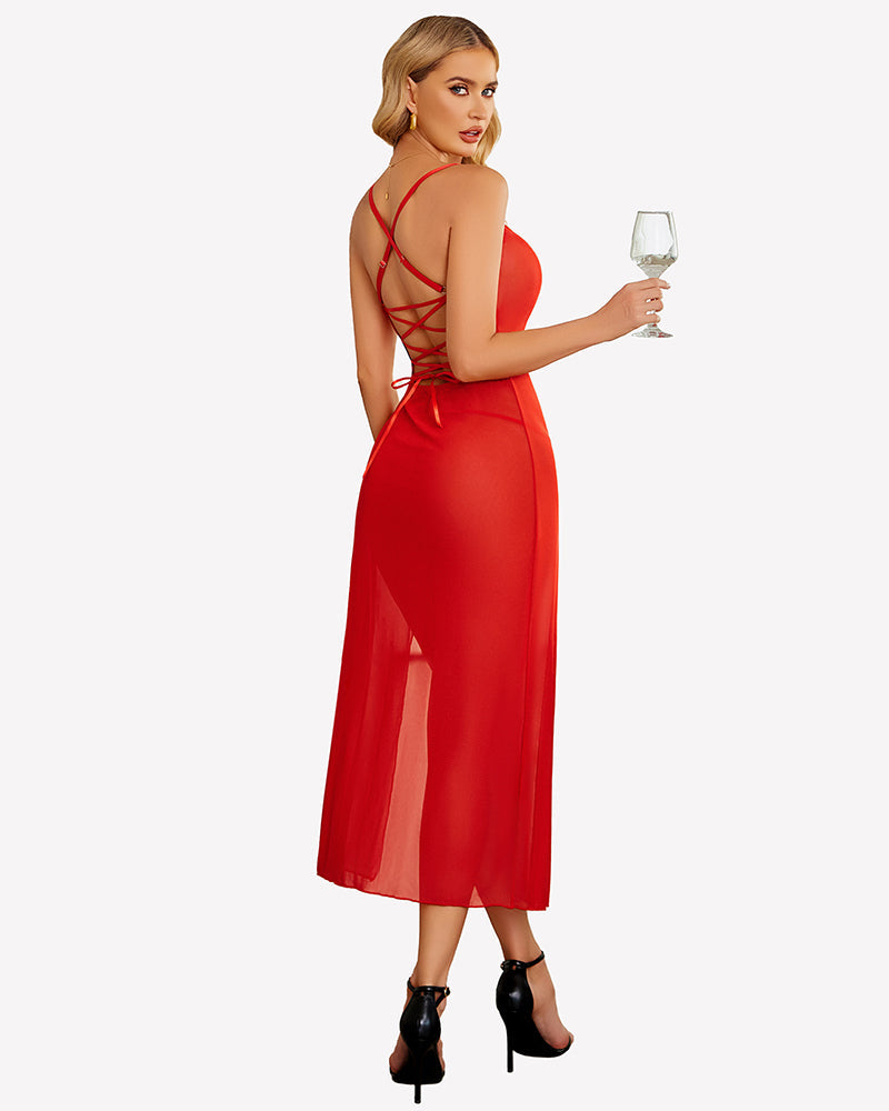 Floral Print Mesh Side Split Nightgown