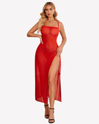 Floral Print Mesh Side Split Nightgown