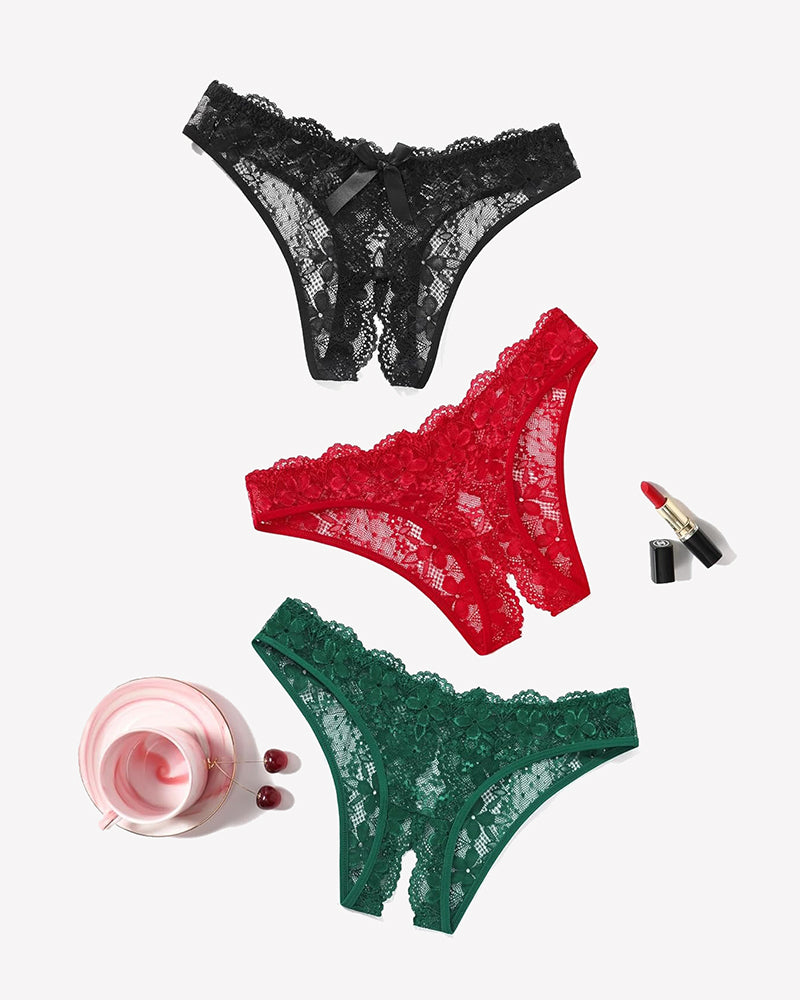 Floral Lace Briefs Hollow Out Bow Underwear