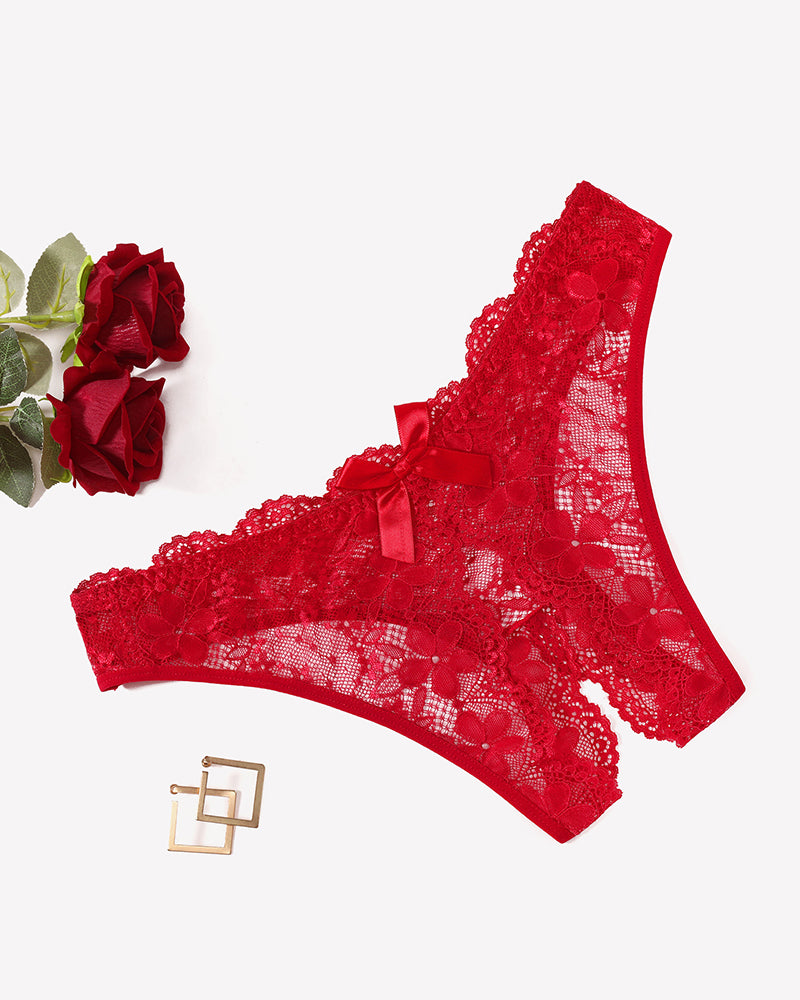 Floral Lace Briefs Hollow Out Bow Underwear