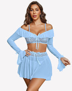 Off Shoulder Bra Panty Ruffle Skirts 3 Piece Sets