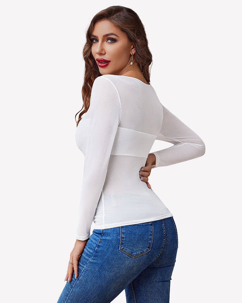 Mesh Floral Long Sleeve Tops