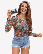 Mesh Floral Long Sleeve Tops