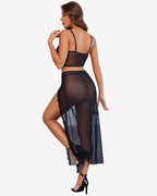3 Pieces Set - Lace Long Nightgown with Side Split